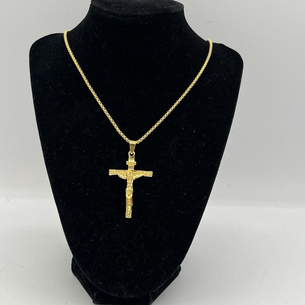 GOLD Tone  INRI CRUCIFIX Cross on 24” Palma CHAIN Christian Jesus Catholic